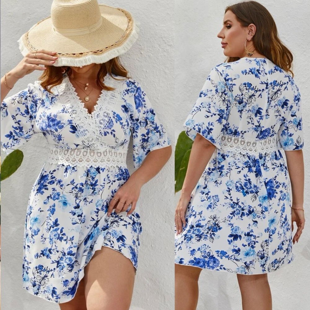 Plus Floral Print Guipure Lace Insert Dress